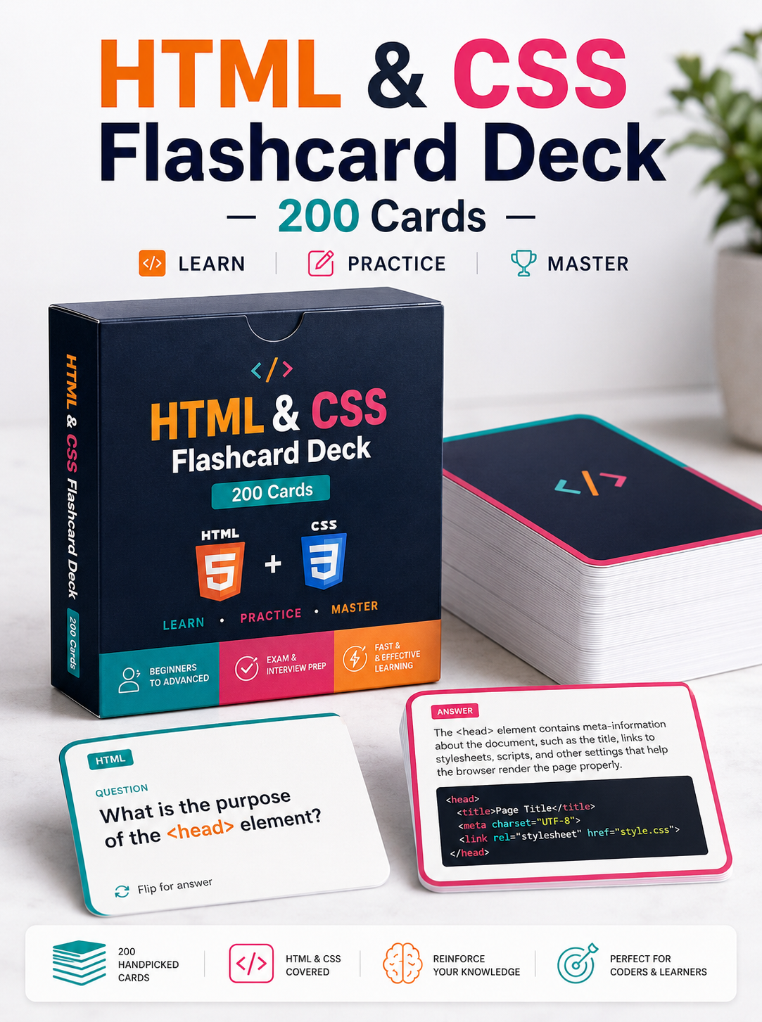 HTML & CSS Flashcard Deck — 200 Cards
